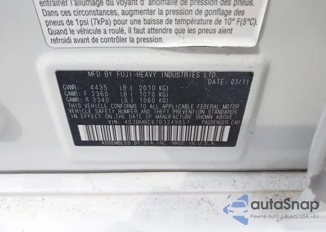 2011 Subaru Legacy 2.5I Premium из США, поврежденный, VIN 4S3BMBC67B3249857